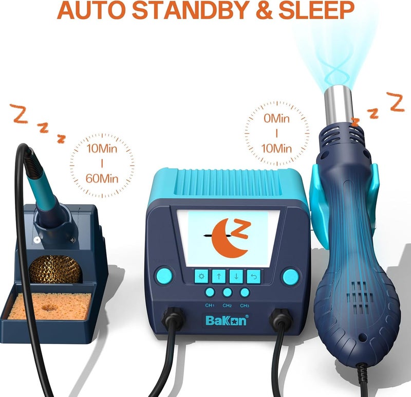 BAKON 882 2-In-1 Digital Soldering Hot Air Rework Station Kit with 3 Preset Channels,Auto Sleep Solder Iron, °C/°F Conversion,Solder Wire, Tips,Tweezers, Nozzles,Solder Sucker - Image 3